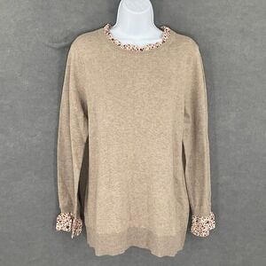 LOFT Sweater Women's Sz L Beige Floral Ruffle‎ Trim Long Sleeve Pullover Office